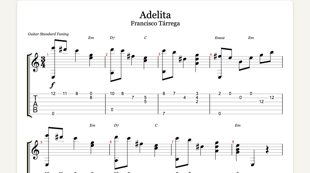 The first lines of Adelita as guitar tab in TabCraft
