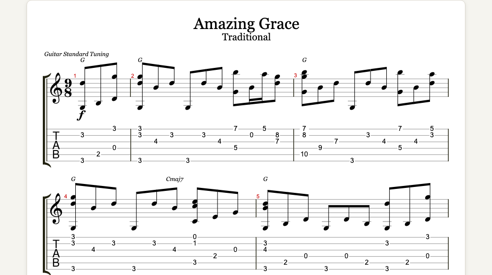 The first lines of Amazing Grace as guitar tab in TabCraft