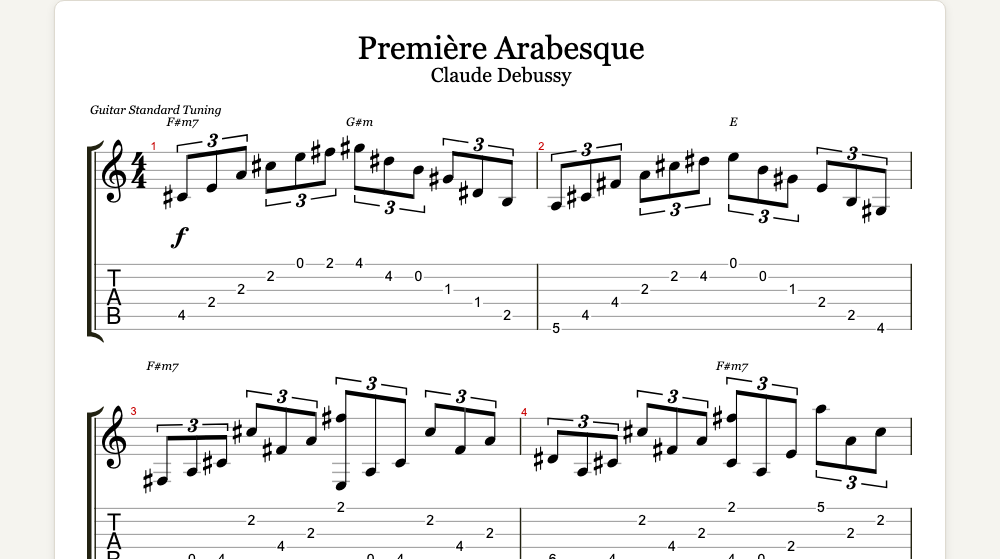 The first lines of Première Arabesque as guitar tab in TabCraft