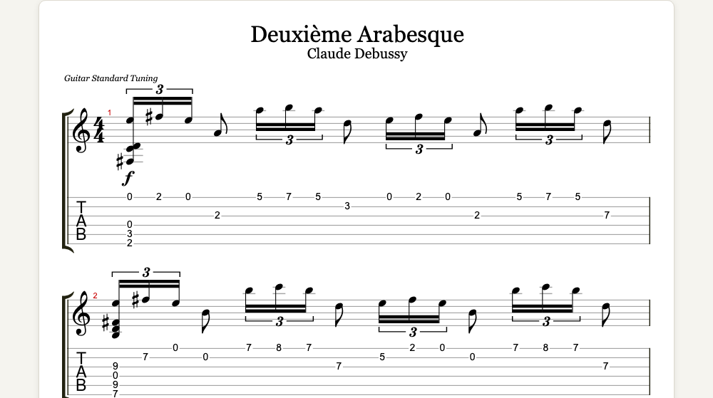 The first lines of Deuxième Arabesque as guitar tab in TabCraft