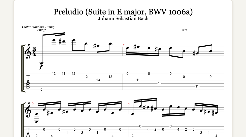 The first lines of Preludio from the Suite in E major as guitar tab in TabCraft