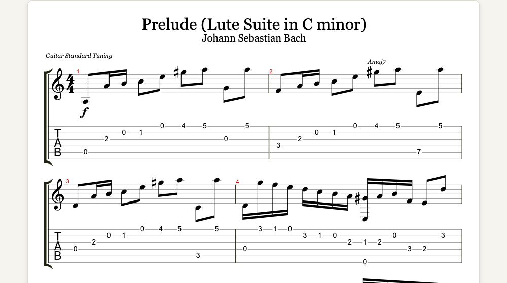 The first lines of Prelude from the Lute Suite in C minor as guitar tab in TabCraft