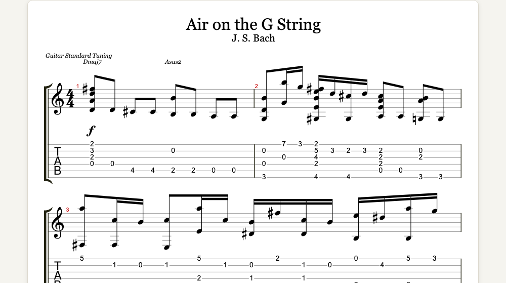 The first lines of Air on the G String as guitar tab in TabCraft
