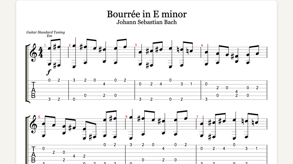 The first lines of Bourrée in E minor as guitar tab in TabCraft