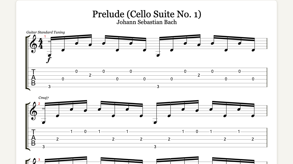 The first lines of Prelude from Cello Suite No. 1 as guitar tab in TabCraft