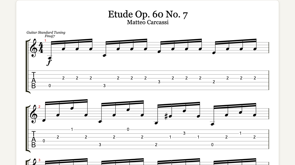 The first lines of Etude Op. 60 No. 7 as guitar tab in TabCraft