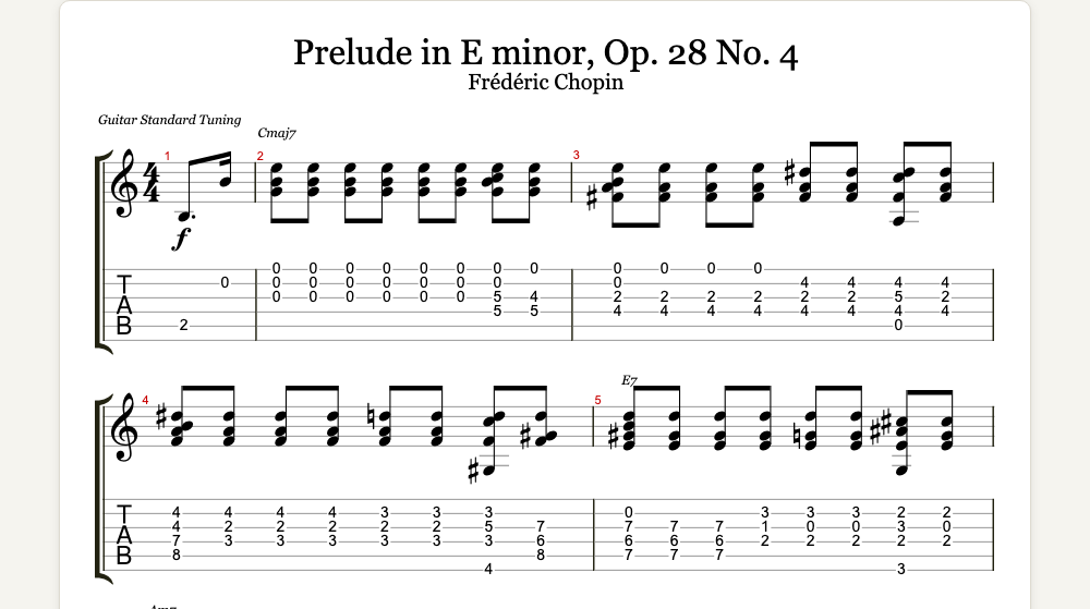The first lines of Prelude in E minor, Op. 28 No. 4 as guitar tab in TabCraft