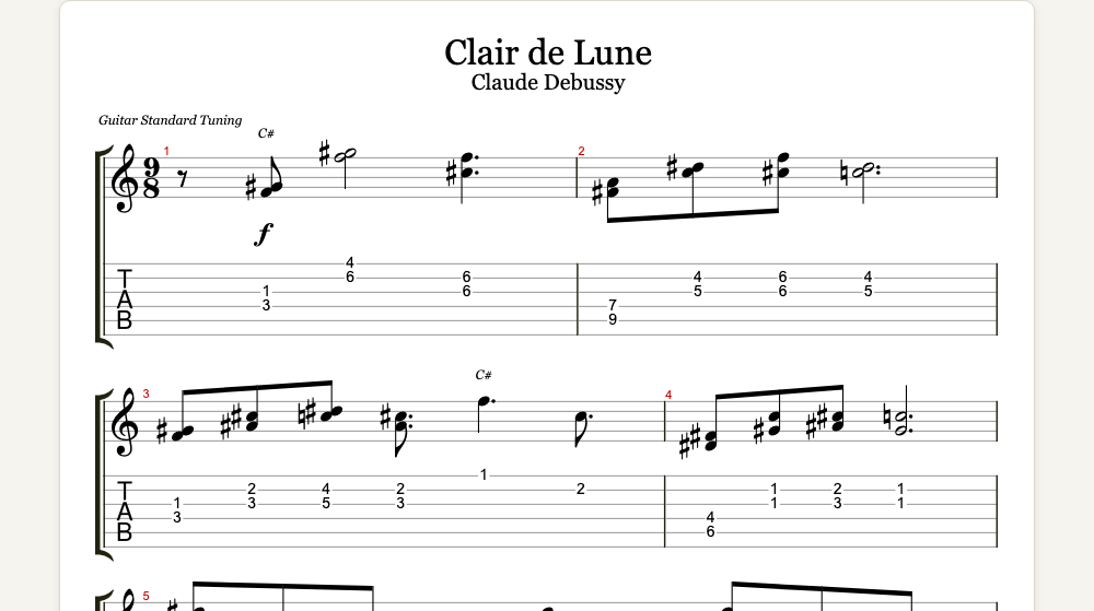 The first lines of Clair de Lune as guitar tab in TabCraft