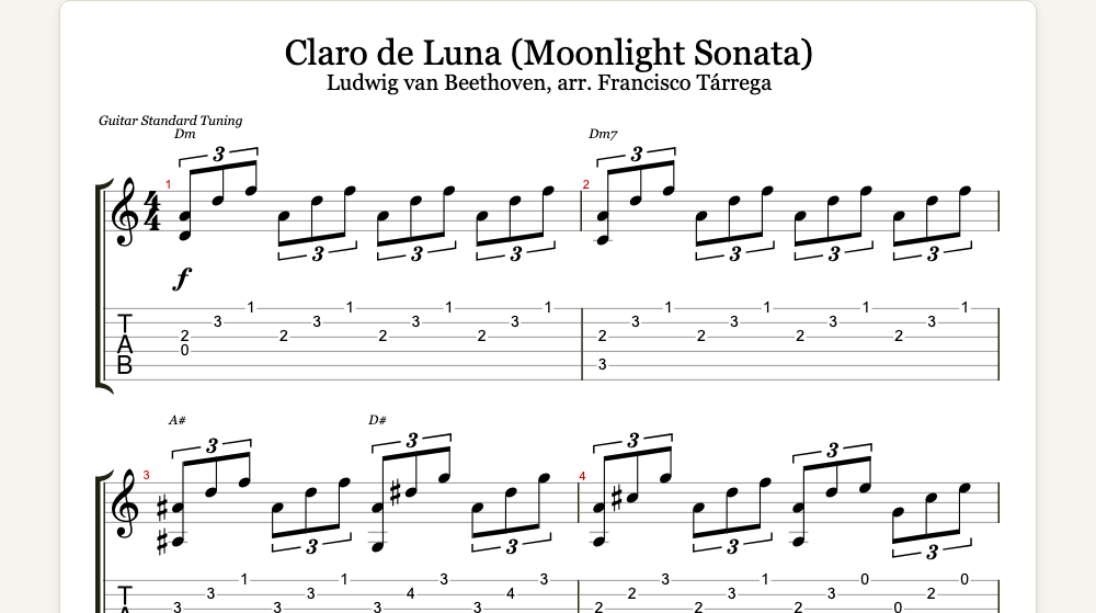 The first lines of Claro de Luna (Moonlight Sonata) as guitar tab in TabCraft