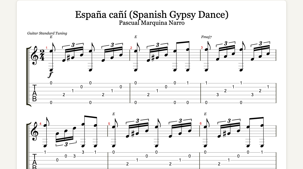 The first lines of España cañí (Spanish Gypsy Dance) as guitar tab in TabCraft