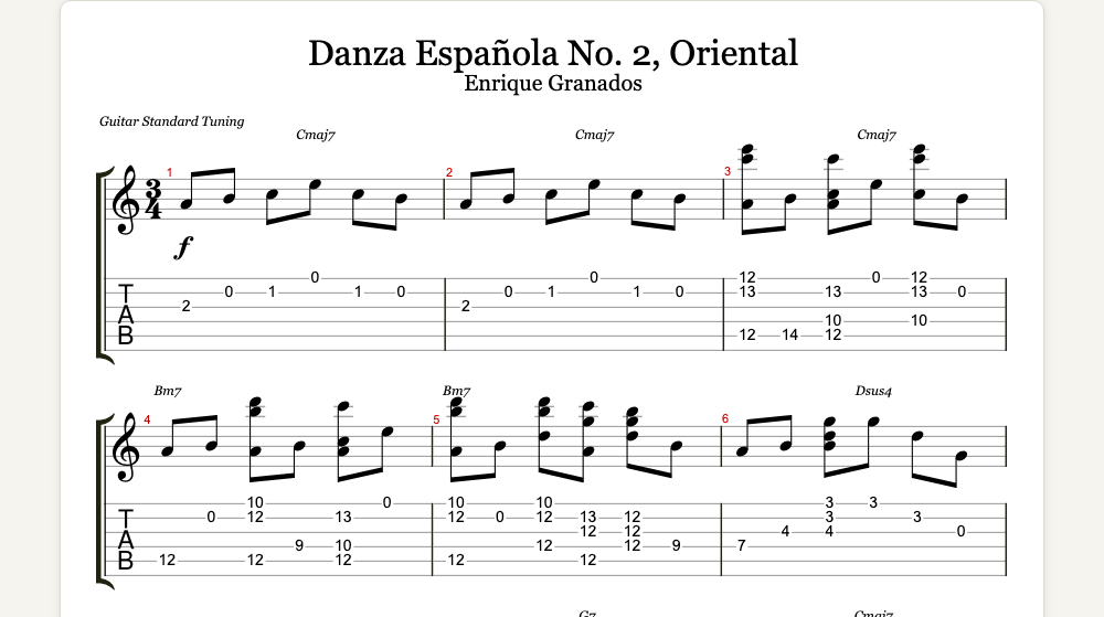 The first lines of Danza Española No. 2, Oriental as guitar tab in TabCraft