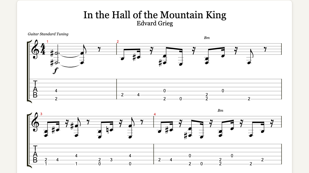 The first lines of In the Hall of the Mountain King as guitar tab in TabCraft