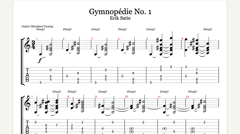 The first lines of Gymnopédie No. 1 as guitar tab in TabCraft
