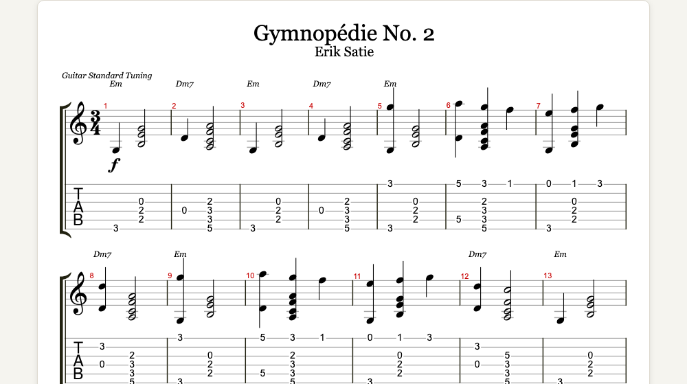 The first lines of Gymnopédie No. 2 as guitar tab in TabCraft