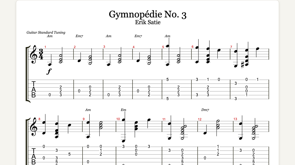 The first lines of Gymnopédie No. 3 as guitar tab in TabCraft