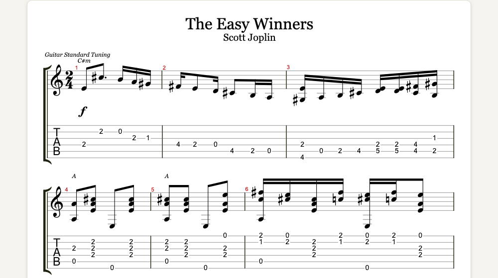 The first lines of The Easy Winners as guitar tab in TabCraft