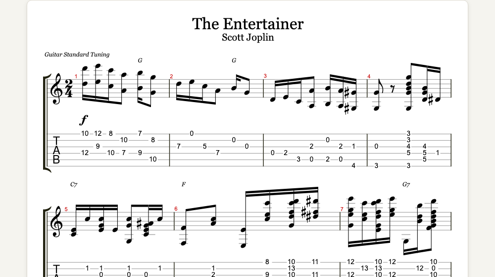 The first lines of The Entertainer as guitar tab in TabCraft
