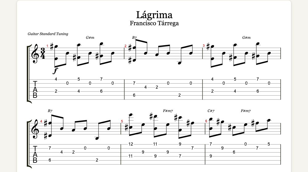 The first lines of Lágrima as guitar tab in TabCraft