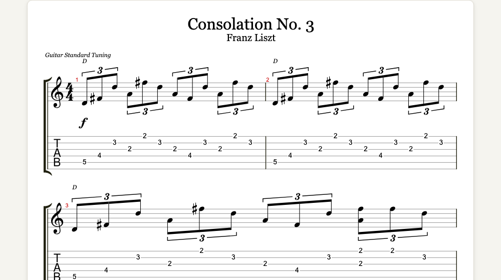 The first lines of Consolation No. 3 as guitar tab in TabCraft