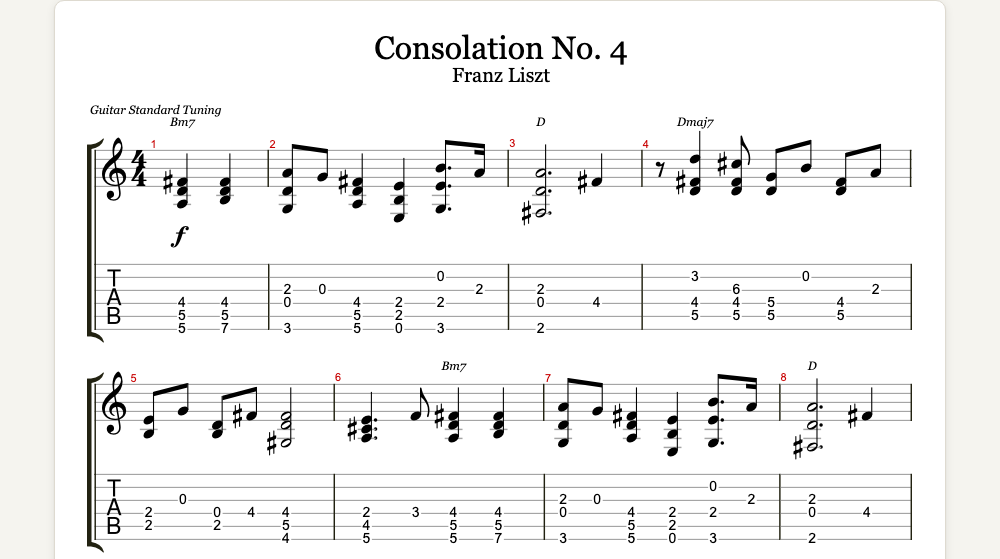 The first lines of Consolation No. 4 as guitar tab in TabCraft