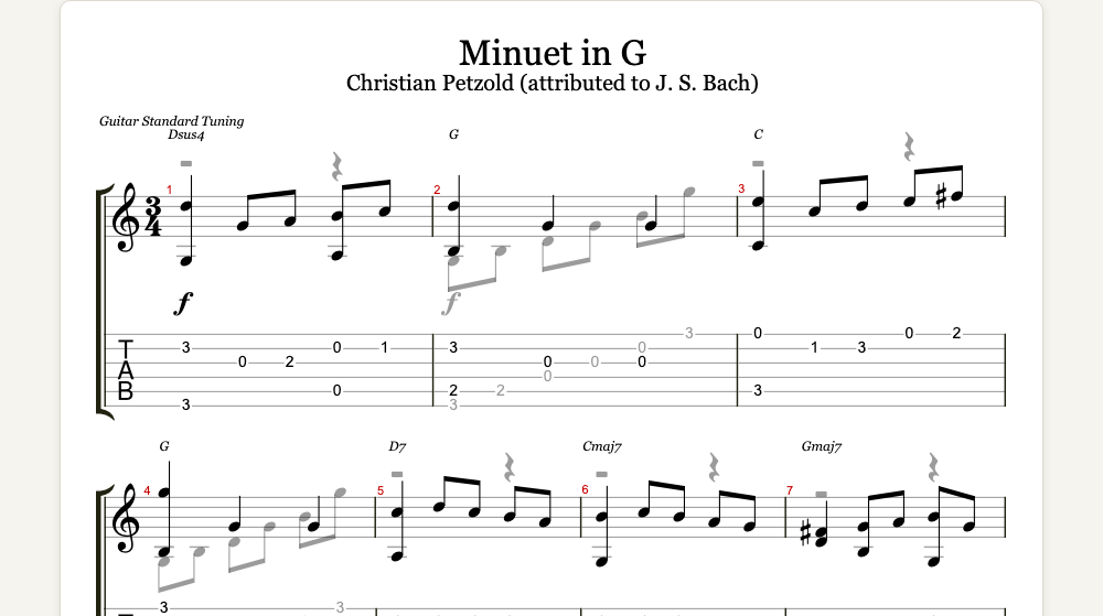 The first lines of Minuet in G as guitar tab in TabCraft