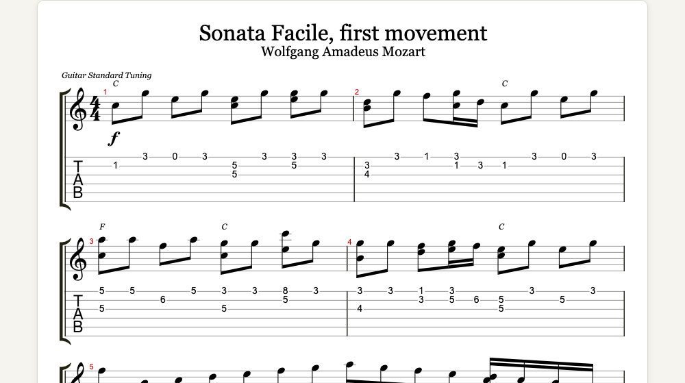 The first lines of Sonata Facile, first movement as guitar tab in TabCraft