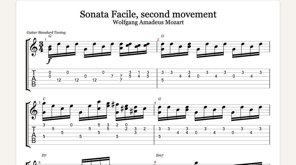 The first lines of Sonata Facile, second movement as guitar tab in TabCraft