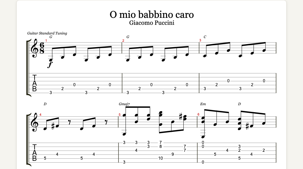 The first lines of O mio babbino caro as guitar tab in TabCraft
