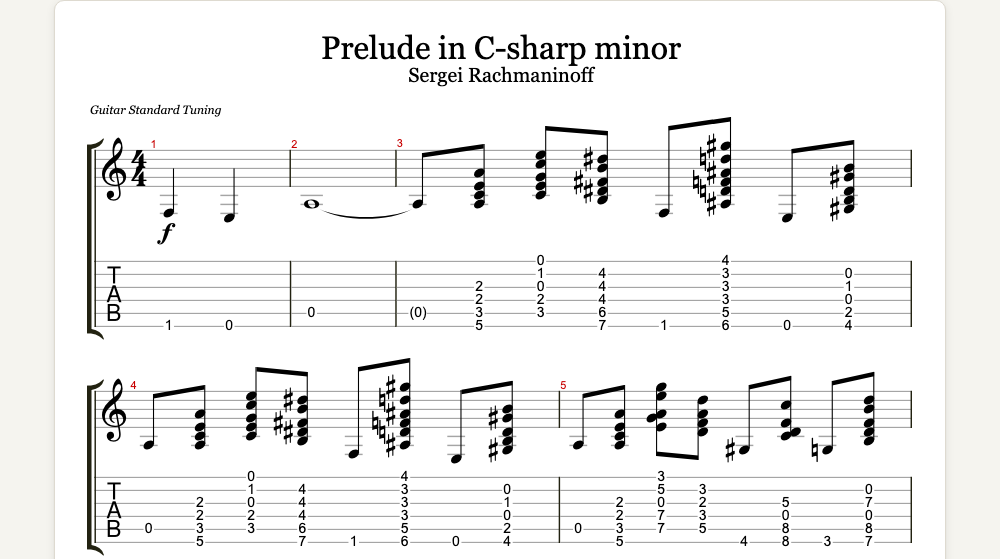 The first lines of Prelude in C-sharp minor as guitar tab in TabCraft