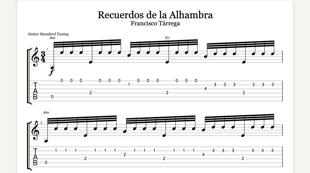 The first lines of Recuerdos de la Alhambra as guitar tab in TabCraft