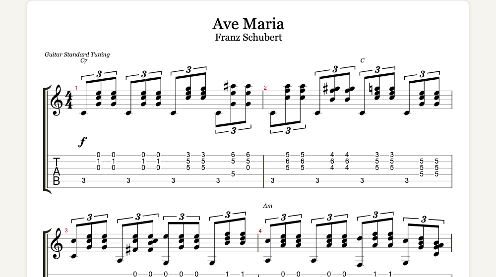 The first lines of Ave Maria as guitar tab in TabCraft