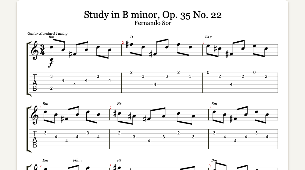 The first lines of Study in B minor, Op. 35 No. 22 as guitar tab in TabCraft