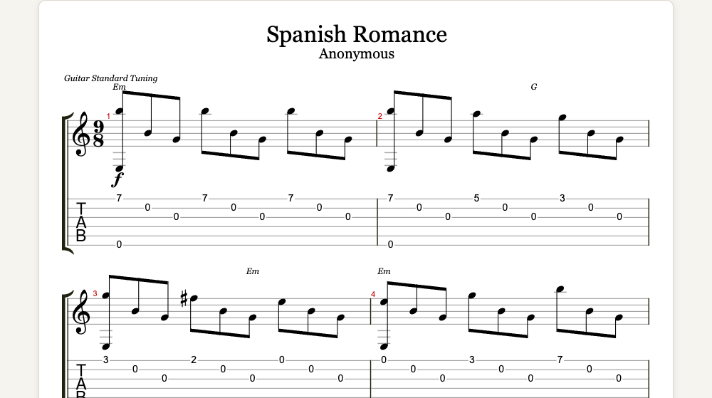 The first lines of Spanish Romance as guitar tab in TabCraft