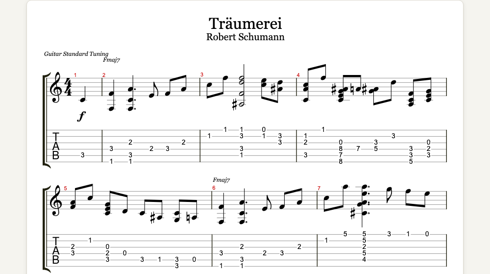 The first lines of Träumerei as guitar tab in TabCraft