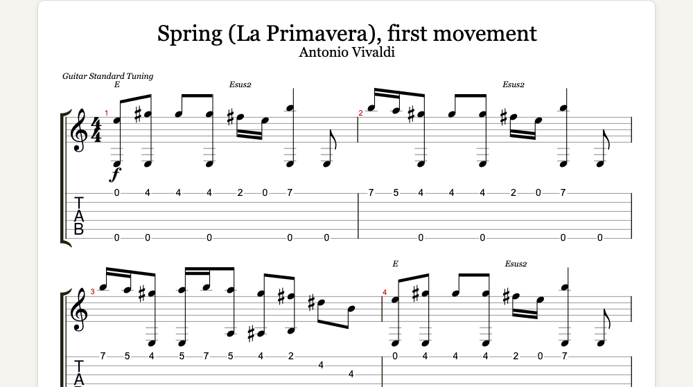 The first lines of Spring (La Primavera), first movement as guitar tab in TabCraft